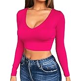 Artfish Women's Long Sleeve Scoop V Neck Crop Top