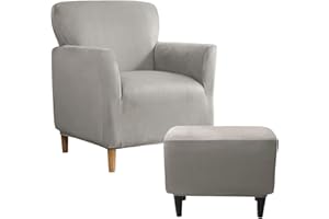 UNBBRRL Armchair and Ottoman Covers Set, Matching Accent Chair and Ottoman Slipcovers Rectangle Stretch Velvet Non-Slip for Living Room (Light Gray, Armchair+Ottoman Rectangle)