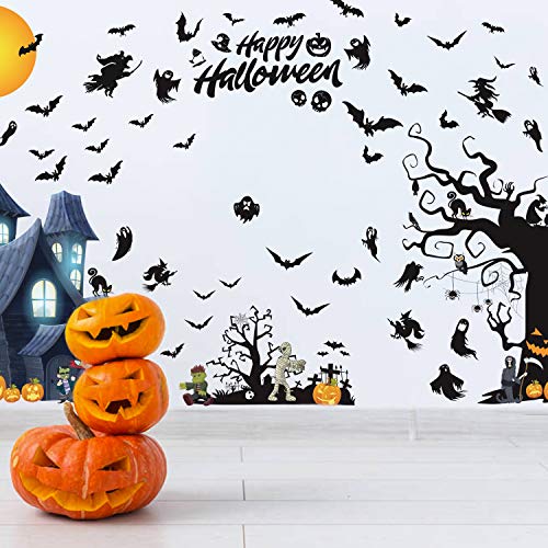 Jeicy 57"x98" Happy Halloween Wall Decals Pumpkins Spooky Cemetery Witch and Bats Tomb Wall Stickers for Halloween Decoration Super Size
