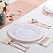 100 Piece Gold Plastic Plates with Gold Silverware, Premium Plastic Dinnerware Set Includes : 20 Dinner Plates , 20 Dessert Plates, 20 Forks, 20 Knives and 20 Spoons (rose gold dinnerware set)