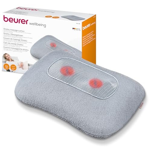 Beurer Almohada de masaje MG 145, masajeador de espalda y cuello para masaje shiatsu relajante, función de calentamiento, funda lavable, 4 cabezales de masaje, gris