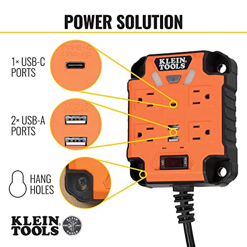 Klein Tools 29601 Power Strip with Surge Protector, Extension Cord, 4 Outlets, 3 USB