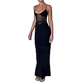 RoseSeek Women's Sheer Mesh Cut Out Maxi Dresses V Neck Sleeveless Patchwork Cami Summer Bodycon Dress