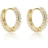 Men's Women's Elegant Fully Iced Cz Unisex Yellow Gold Plated 925 Sterling Silver Post Hoops Thin Lightweight Cubic Zirconia Huggie Hoop Earrings Jewelry Gift For Men And Women