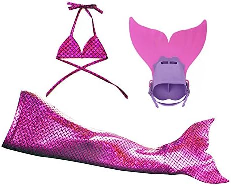 Mermaid Tail + Bikini Top+ Monofin Sparkle Hot Pink Scale Swimmable Kids Girls Cos Gift L 001