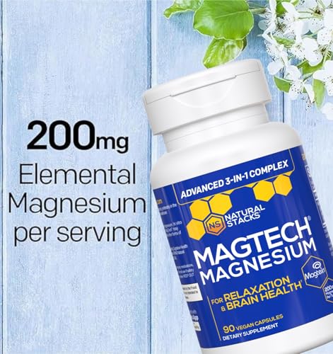 MagTech Magnesium Complex for Women & Men - 3 Forms of Magnesium: Glycinate, Magtein L-Threonate & Taurate - 200mg Chelated Complex - Support for Relaxation & Brain Health - 90 Glycinate Capsules