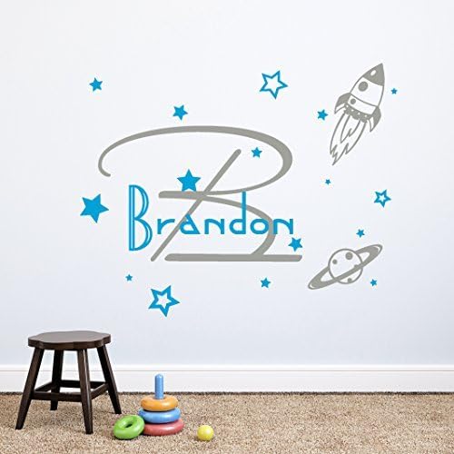 Boy Name Decal Monogram Wall Decals for Nursery Initial Sticker Rocket Ship Decal Space Decor Beddroom Dorm Home MM59