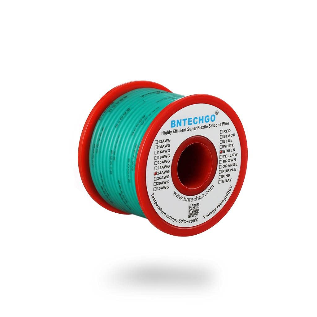 BNTECHGO 24 Gauge Silicone Wire Spool Green 50 ft Ultra Flexible High Temp 200 deg C 600V 24 AWG Silicone Rubber Wire 40 Strands of Tinned Copper Wire Stranded Wire for Model Low Impedance