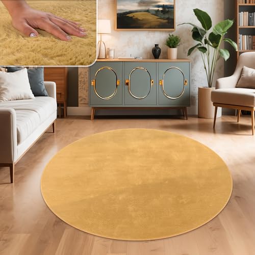 Paco Home Teppich Wohnzimmer Kunstfell weich waschbar modern elegant pflegeleicht Felloptik Uni Seidenglanz flauschig Hochflor, Grösse:200 cm Rund, Fa