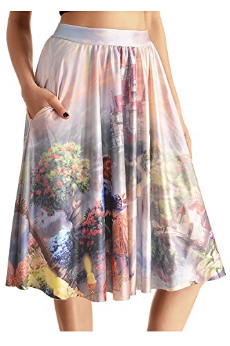 Lady Queen Women's Beauty and the Beast Stretch Waist A-line Pleated Midi Skirt with Pockets L Multicolor