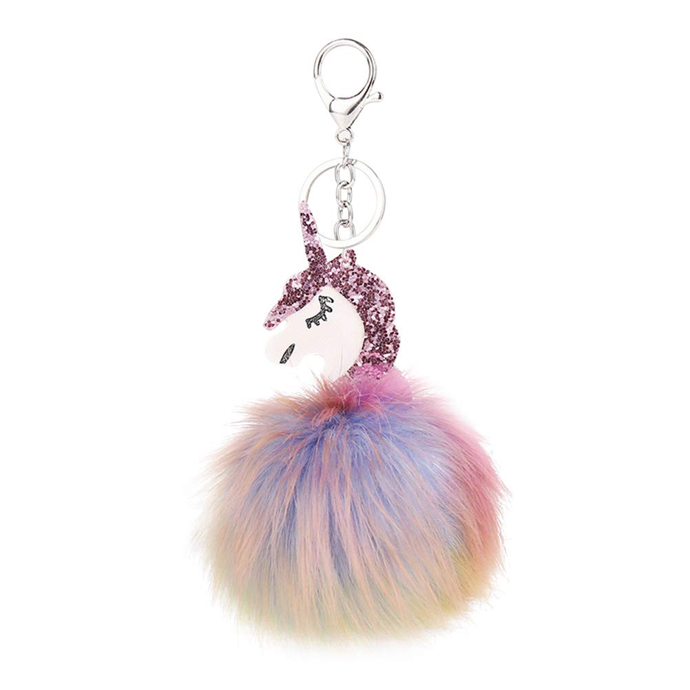 Toyvian Unicorn Keyring with Pompom Pendant Christmas Pompom Bag Pendant Plush Keychain for Children Girls Handbag Key Car (Purple)