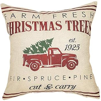 Fahrendom Rustic Farmhouse Style Farm Fresh Christmas Trees Red Vintage Truck with Trees Winter Holiday Sign Gift Cotton Linen Home Decorative Throw Pillow Case Cushion Cover with Words for Sofa Couch