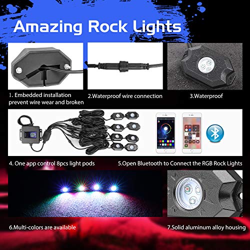 RGB LED Rock Light Kit, Auto Power Plus Neon Led Lights Waterproof Bluetooth Strobe Lights Underglow RGB led lights for Truck SUV ATV Boat Motorcycle Off Road Jeep - 8 Pods - Thumbnail 2