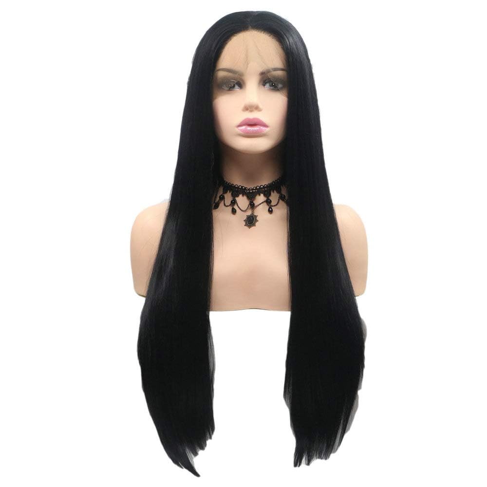 Long 1B# Black Straight Heat Resistant Fiber Wigs For Women Fully Replacement Synthetic Lace Front Wigs for Cosplay/Holiday/Party
