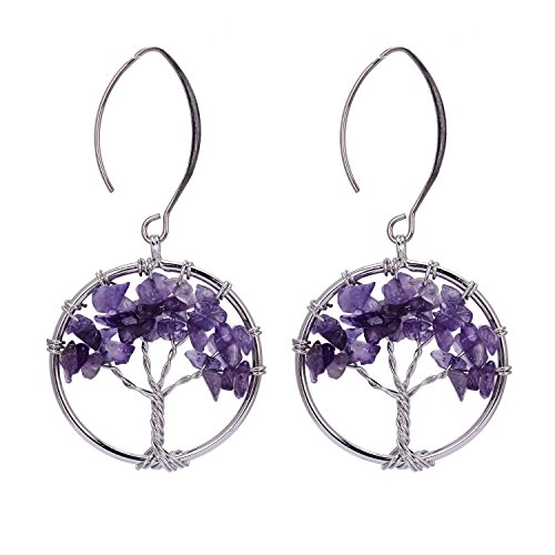 Silver Amethyst Gemstone Wire Wrapped Tree of Life Chakra Family Tree Handmade Crystal Earrings Jewelry for Women