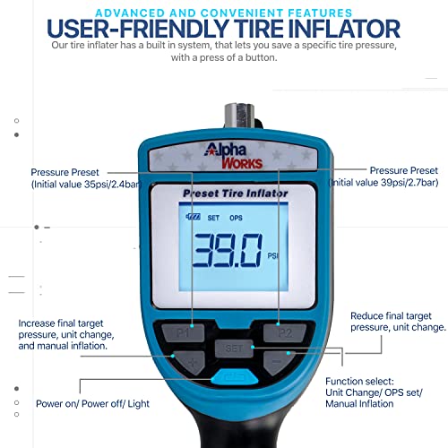 AlphaWorks Tire Pressure Gauge, Preset Inflator with Air Chuck and