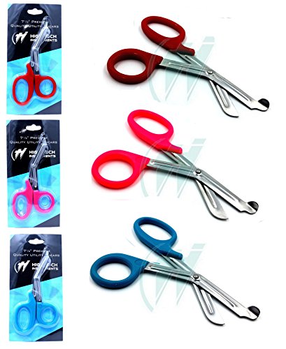 3 PCS ( RED & NEON PINK & TEAL) PARAMEDIC UTILITY BANDAGE TRAUMA EMT EMS SHEARS SCISSORS 7.25 INCH STAINLESS STEEL ( HTI BRAND)