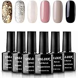 Gellen UV Gel Nail Polish 6 Colors Set - Golden Silver Sparkle White Shimmering Pure Gray Black
