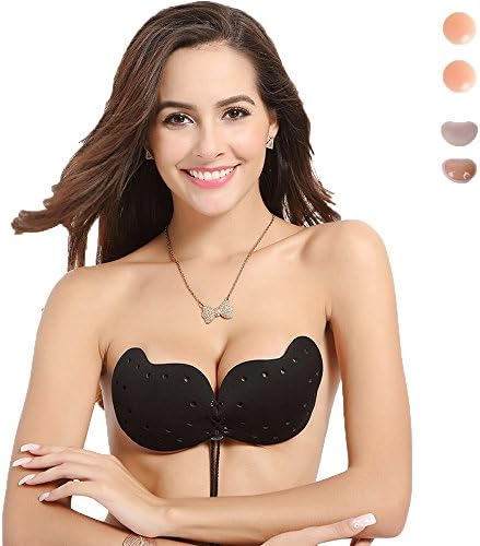 Adhesive Bra, Deep V Padded Push-up Bra Invisible with Drawstring and Breathable Holes (D, Black)