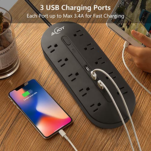AiJoy Surge Protector Power Strip 10FT Extension Cord 10 Outlet 3 USB Fast Charging Ports 0utlet Strip 3000W