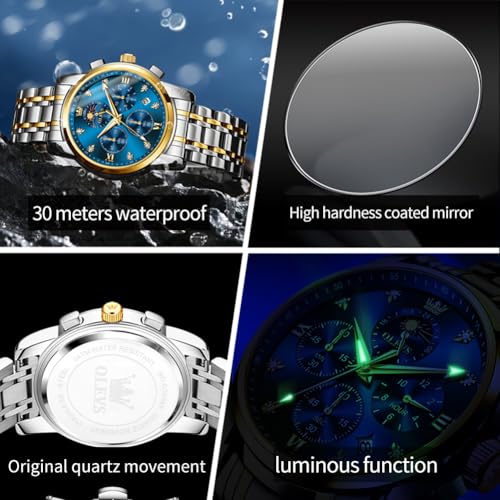 OLEVS Watch for Men Diamond Business Dress Analog Quartz Stainless Steel Waterproof Luminous Date Two Tone Luxury Casual Wrist Watch Blue