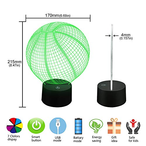 AZIMOM 3D Illusion Night Light, 7 Colors Changing Nightlight for Kids with Smart Touch Optical Illusion Bedside Lamps Bedroom Home Decoration for Kids Boys & Girls Women Birthday Gifts (Basketball)