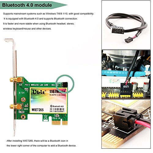 Wireless Network Card, Ubit Wireless WiFi Dual Band Gigabit Adapter, 867Mbps 2.4Ghz-300Mbps/5Ghz-867Mbps with High-gain Antenna Bluetooth 4.0 PCI-E Wireless WiFi Network Adapter - Thumbnail 2