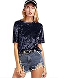 ROMWE Women's O Neck Vintage Velvet Short Sleeve Casual T Shirt Navy S