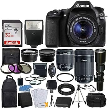 Canon EOS 80D DSLR Camera Body + Canon EF-S 18-55mm + Canon EF-S 55-250mm Lens & Telephoto 500mm f/8.0 (Long) + Wide Angle Lens + 58mm 2X Lens + Macro Filter Kit + 32GB Memory Card + Accessory Bundle