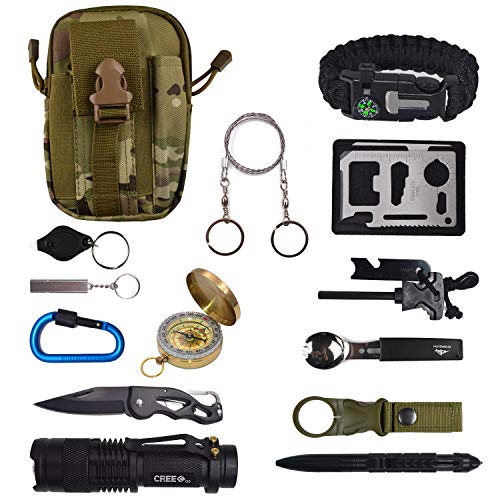 13 in 1 Emergency Survival Gear Kit Tool Outdoor Survival with Carabiner Whistle Tactical Pen Water Bottle Clip Multi-Functional Spoon Fork etc for Travel Hike Field Camp - Thumbnail 7