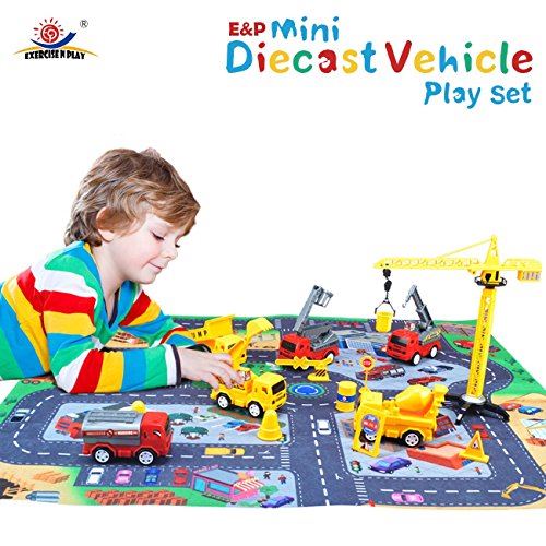EXERCISE N PLAY Mini Construction Vehicle Play Set with a Kid Play Car Rug (28â€ x 31â€), Engineering Vehicle Toy Play Diecast Vehicles Toy Cars for Kids, Boys or Girls