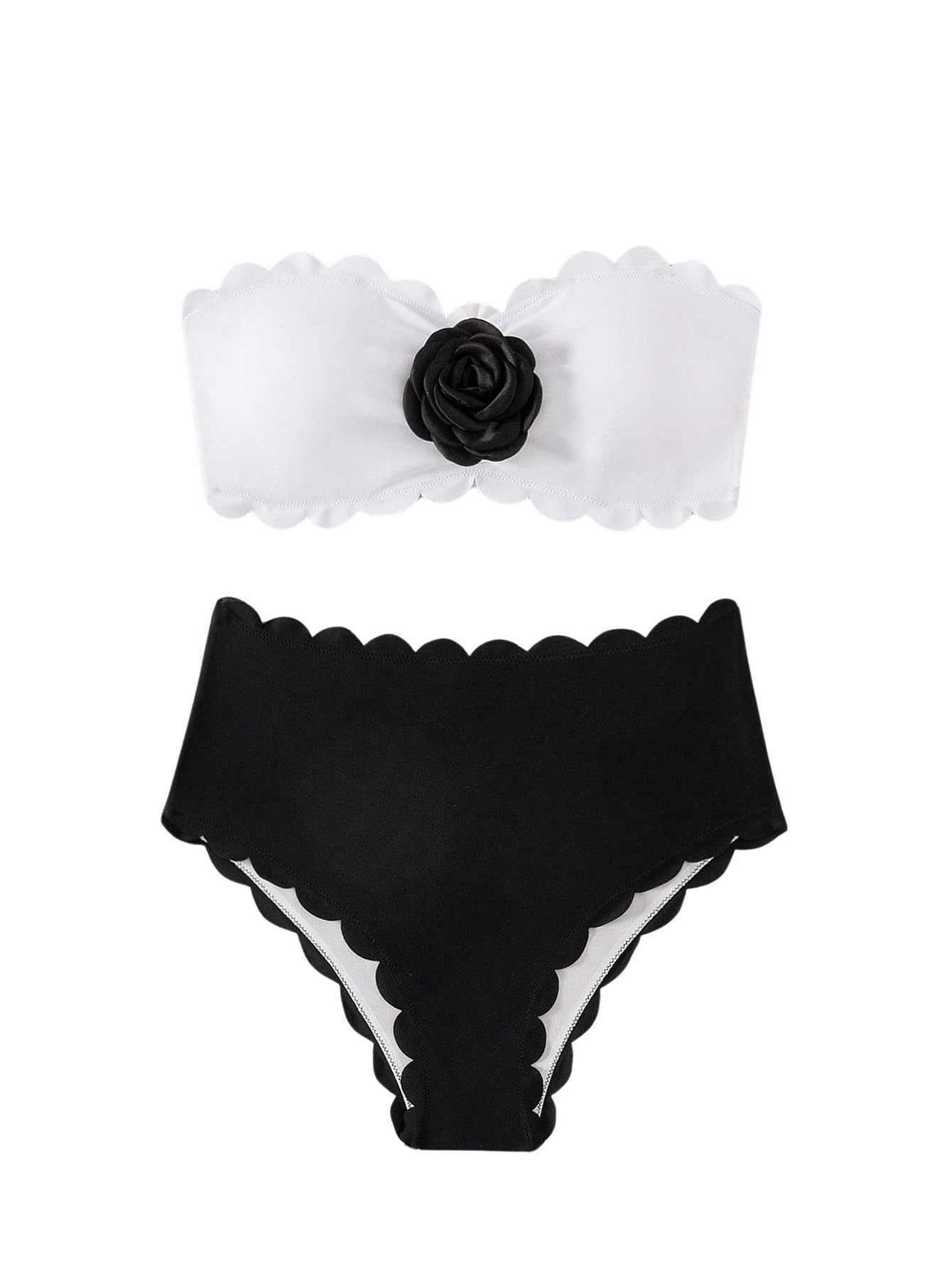 Photo 1 of WDIRARA Women's 2 Piece Floral Applique Bandeau Scallop Trim Swimsuit High Waist Bikini Set Black and White Small