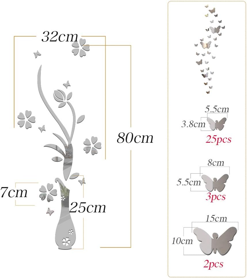 MEJOSER Set of Mirror Acrylic Wall Stickers Flower Vase Butterfly Flower Pot (Silver) - Image 3