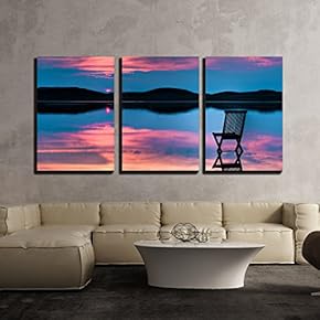 3 Piece Canvas Wall Art - Scenic View of Sunset Over Inlet and Hills with a Chair in The Calm Water - Modern Home Art Stretched and Framed Ready to Hang - 16"x24"x3 Panels