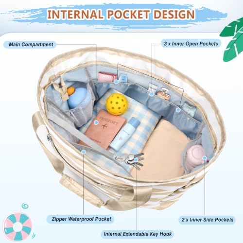 KTUEOV Large XXL Family Beach Bag, 45L Waterproof Women's Beach Bag with Zip, 12 Pockets, Foldable and Washable Praia Bag for Swimming Pool, Travel, Wet Items Compartment