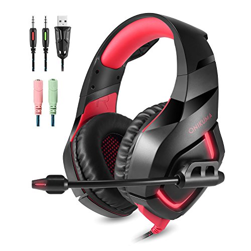 Onikuma K1 MMO Gaming Headset, LED Over-Ear Cheap Gaming Headphones, Virtual Surround PC Gaming Headsets with Retractable Microphone and Noise Isolation for PC Computer / PS4 / XBox One and Smartphone