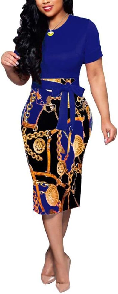Women's Bodycon Dress Midi Work Casual Floral Prints Pencil Dresses with Belt