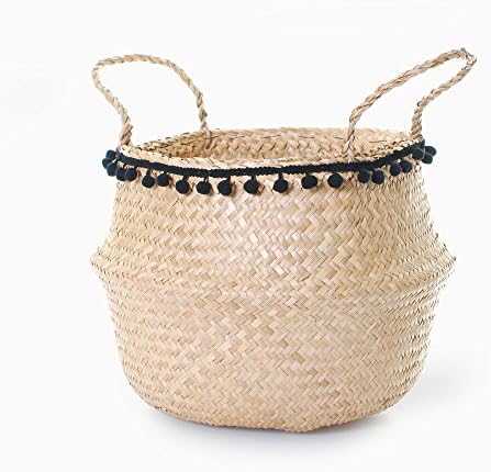 Natural Woven Seagrass Round Storage Belly Basket with Handles & Black Pom Poms
