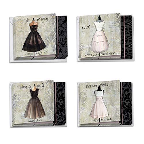 12 Boxed and Assorted 'Dress forms' Blank All Occasions Note Cards 4 x 5.12 inch w/ Envelopes - Vintage Style Elegant, Semi formal Dresses on Dressmaker's Notecards MQ4608OCB-B3x4
