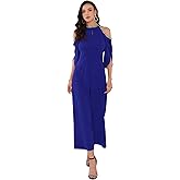 WOMLAYOUT Women's Dressy Jumpsuits Formal Beaded Cold Shoulder Split Sleeve Wide Legs Cocktail Evening Jumpsuit