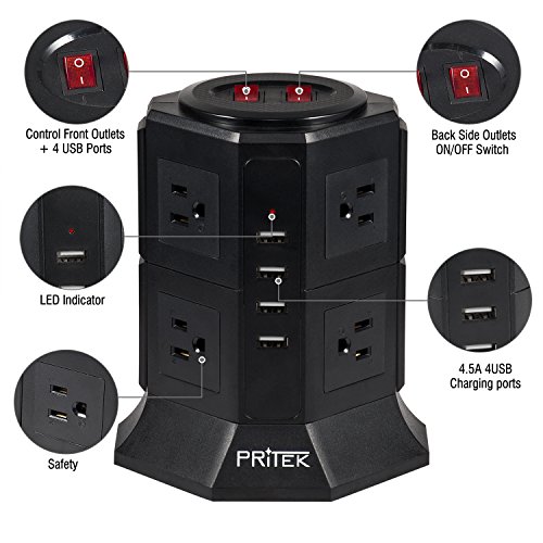 image for PRITEK Power Strip, RITEK 8 Outlets Tower Power Strip with 4 USB Ports