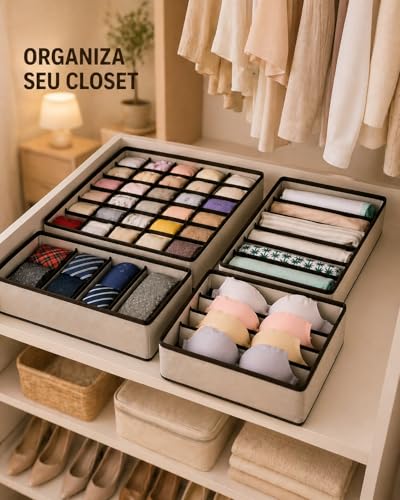 Kit Organizador de Gaveta 4 Peças, TNT Dobrável, com 24, 8, 7 e 6 Divisórias para Roupas Íntimas, Meias e Sutiã (Bege)
