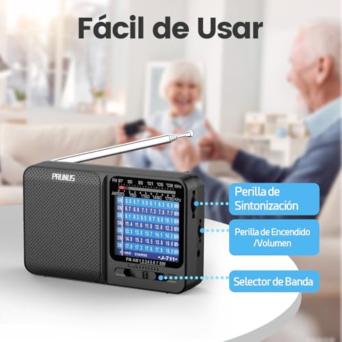 PRUNUS J-711 Am/SW/FM Rechargeable Small Portable Radio, Transistor Radio AA Batteries and USB-C Charging, Excellent Reception, with Headphone Jack, Radio Pocket with Cord for Walking, Travel.(Black)