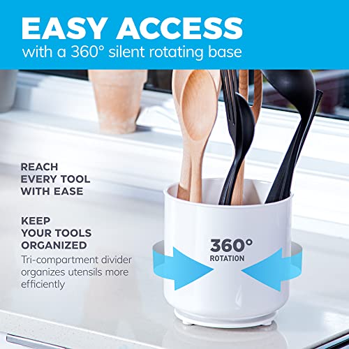 Extra Large Rotating White Plastic Utensil Holder Caddy with Sturdy No