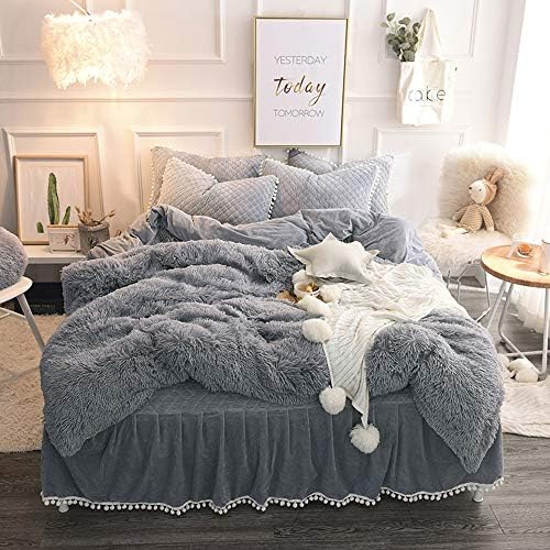 SHSYCER Plush Shaggy Duvet Cover Set 3-Piece with Zipper Closure- (1 Faux Fur Duvet Cover + 2 Pompoms Fringe Pillow Shams) Ultra Soft Plush Faux Fur Bedding Set - King Size Grey