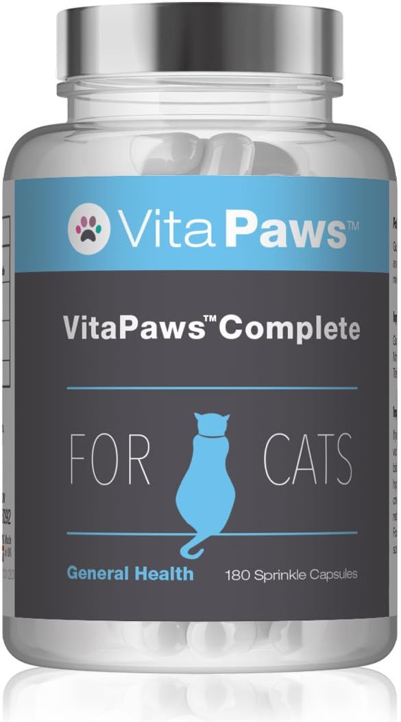 Multivitamins for Cats | VitaPaws Complete | Includes L-Lysine, L-Taurine & Fish Oil Powder | 180 Sprinkle Capsules Ideal for Fussy Pets | UK Manufactured