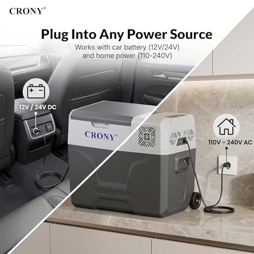 CRONY Portable Car Refrigerator 40L DC/AC Car Fridge 12/24V Mini Fridge App-Controlled -20°C to 20°C Fast Cooling Car Cooler LED Control Panel with Trolley Wheels & Battery Protection
