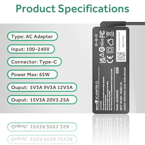NATNO 65W USB TYPE C Laptop Charger Compatible with Lenovo ThinkPad T14 E14 T16 T480 T580 X1 Carbon Chromebook Yoga ADLX65YDC2A, Fit for HP Dell Acer Asus Huawei Samsung نوع سي شاحن لابتوب Charger