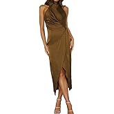 Halfisland Women’s Summer Satin High Neck Sleeveless Wrap Dress Elegant Mock Neck Tie Waist Cocktail Formal Dresses