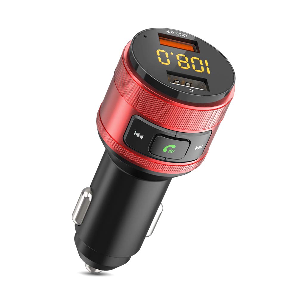 ZeaLife Bluetooth FM Transmitter, Wireless Car Radio Adapter with QC 3.0 Fast Charging Port Hands Free Calling Car Charger/Music Player Kit Dual USB Ports Support USB Flash Drive - Red